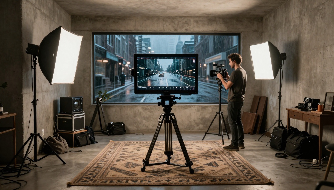 Filmmaker reviewing cinematic AI-generated footage on a monitor in a professional home studio