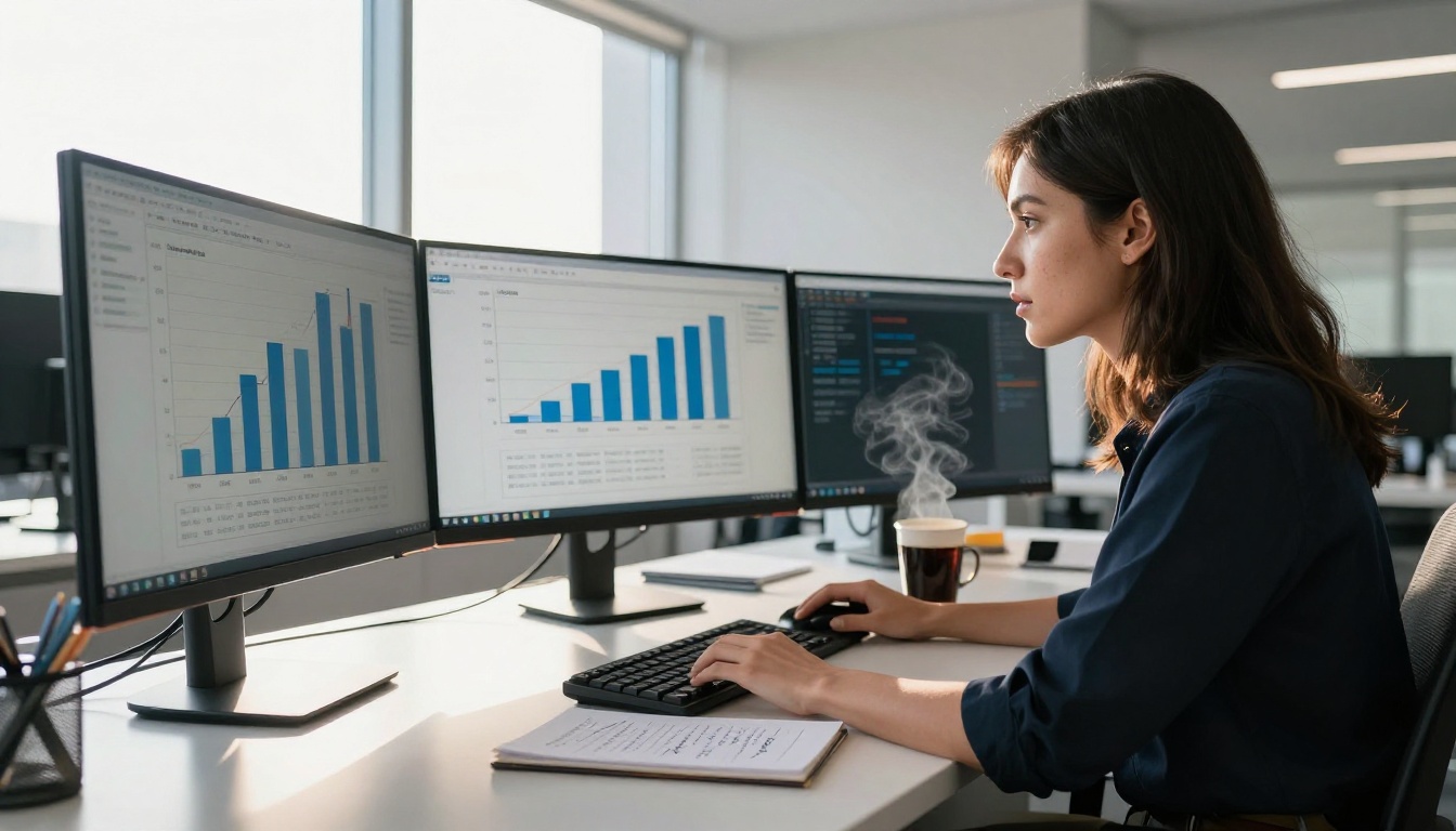 Data scientist reviewing AI benchmark charts and latency graphs