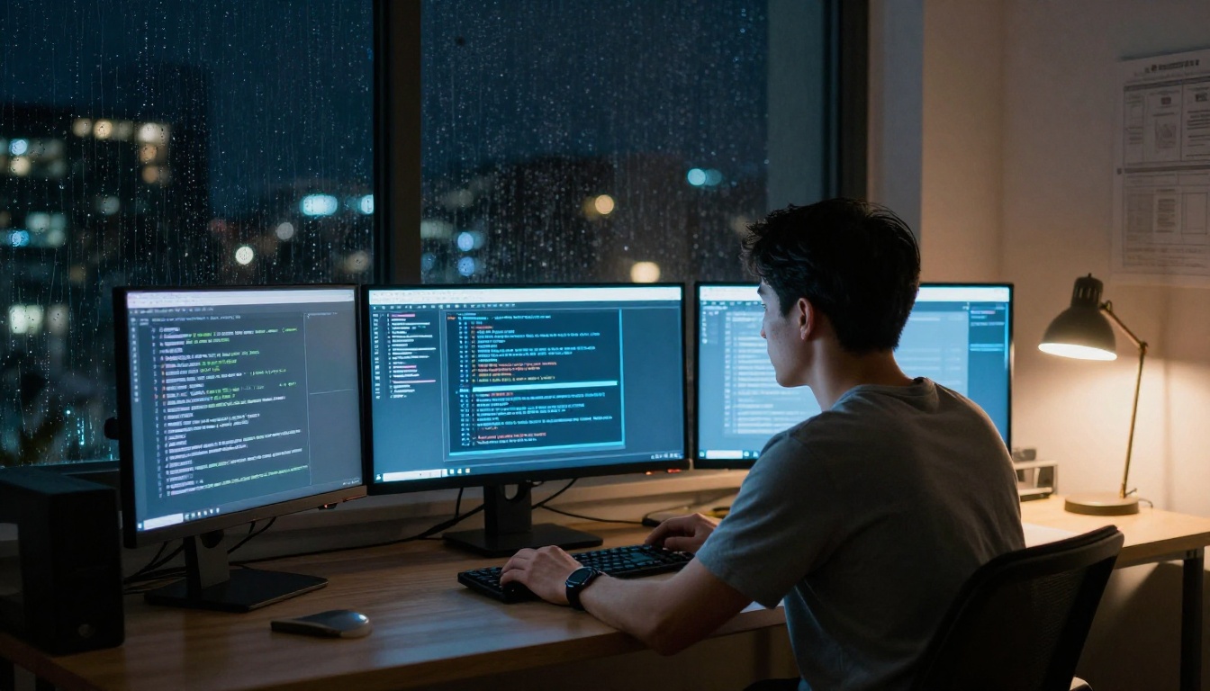 Developer running API speed tests late at night at his workstation
