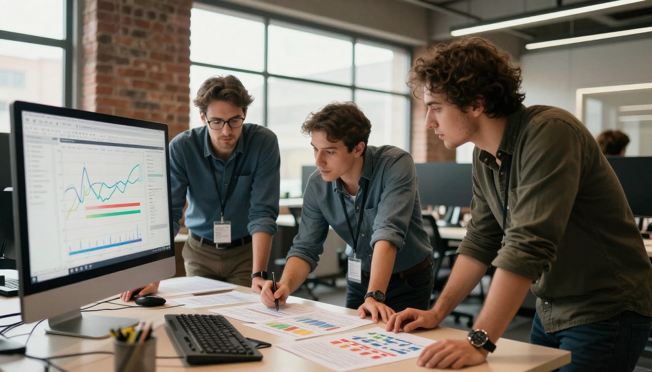 Tech team reviewing AI performance benchmark results together
