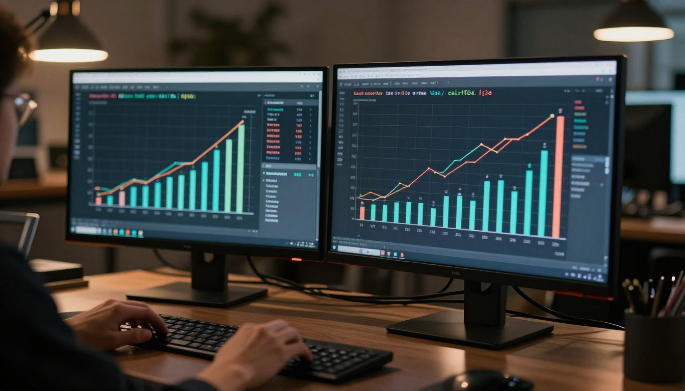 Researcher working with AI reasoning system at a sleek workstation during early morning