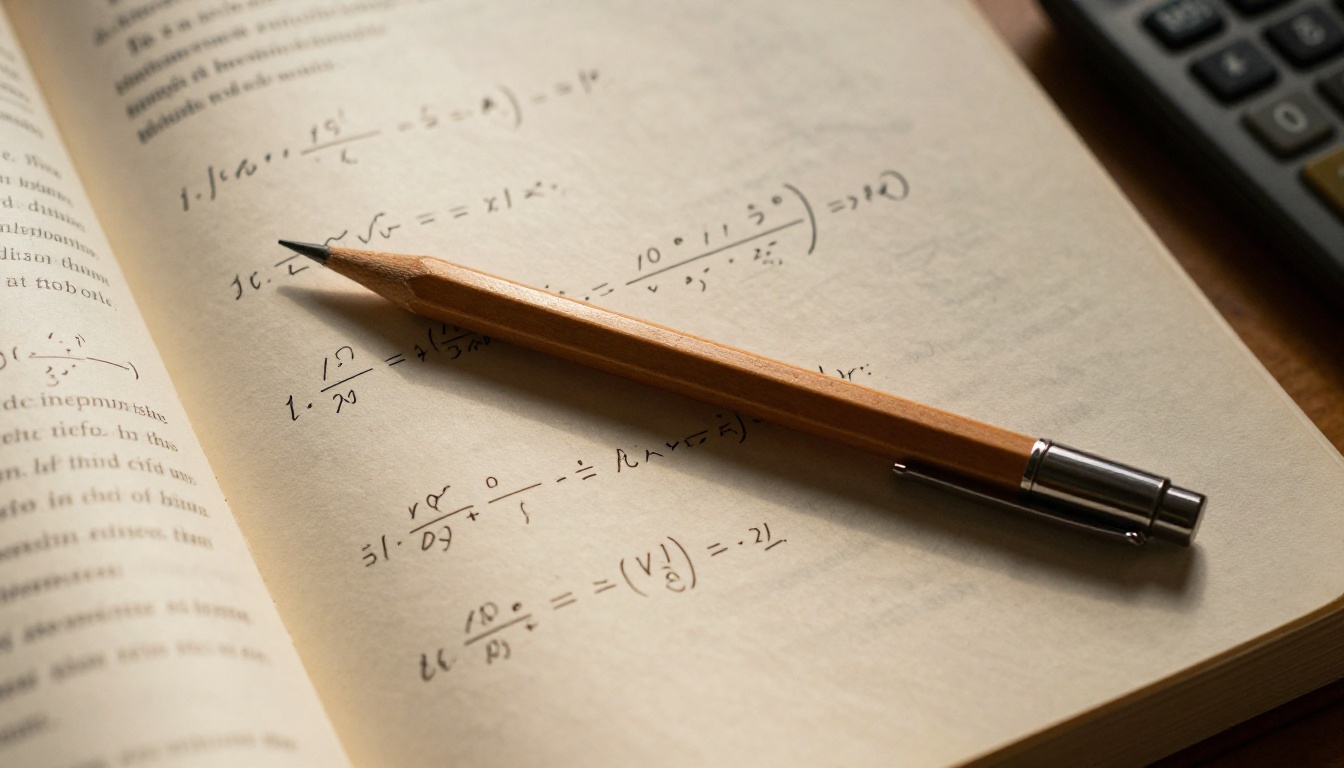 Close-up of mathematics textbook with handwritten notes, pencil, and detailed algebraic equations