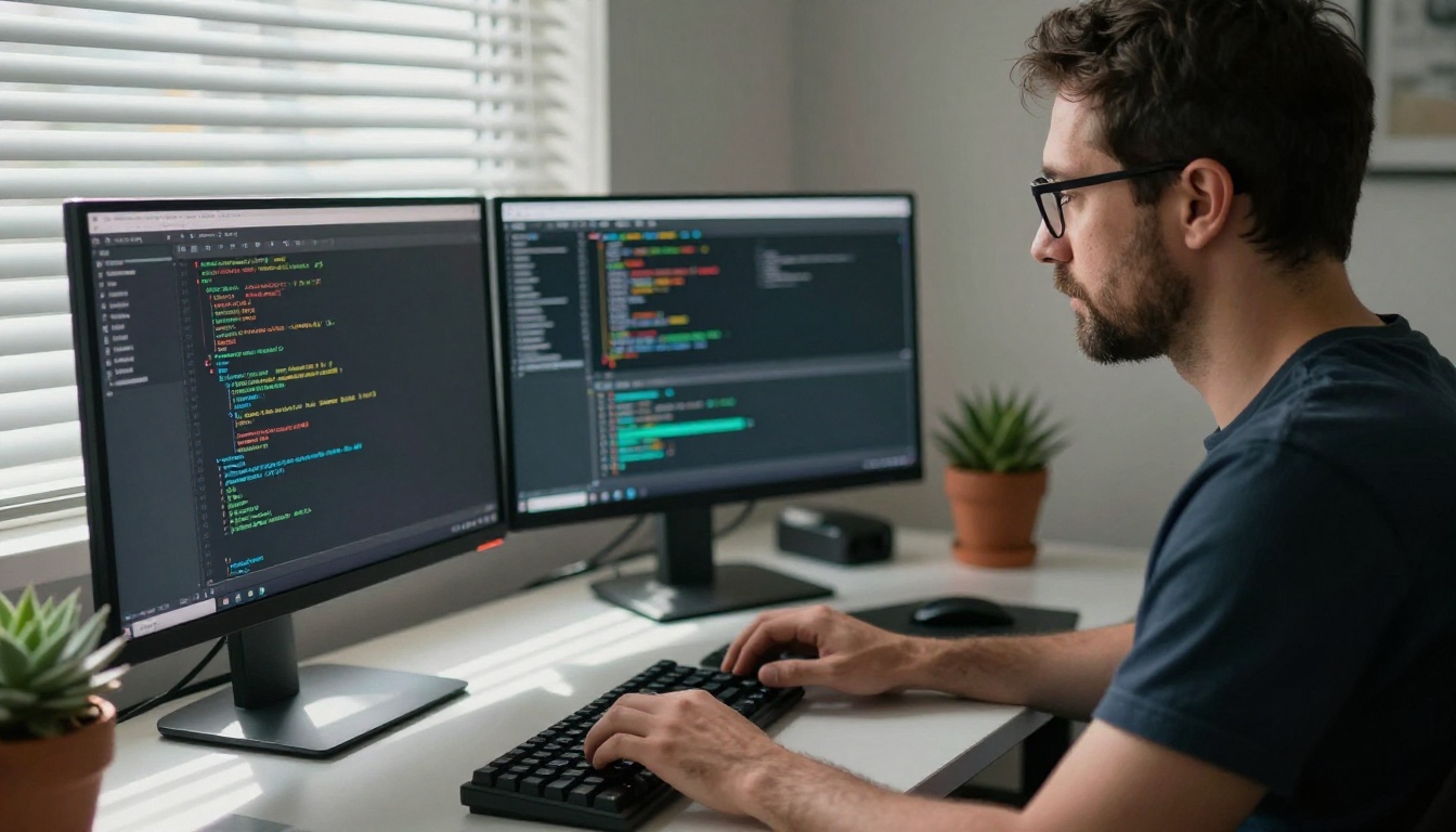 Focused software developer with three monitors running complex coding tasks in natural window light
