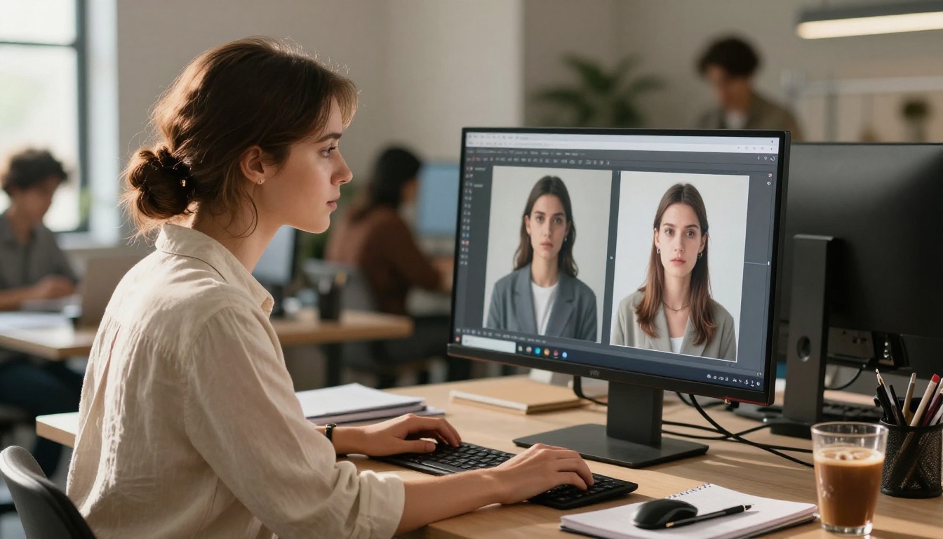 Professional creative workspace with dual laptops showing AI image comparisons, overhead view, warm natural morning light on walnut desk