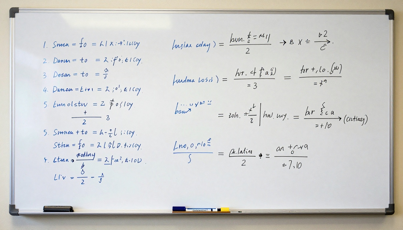Whiteboard covered with multi-step mathematical derivations and logical reasoning chains