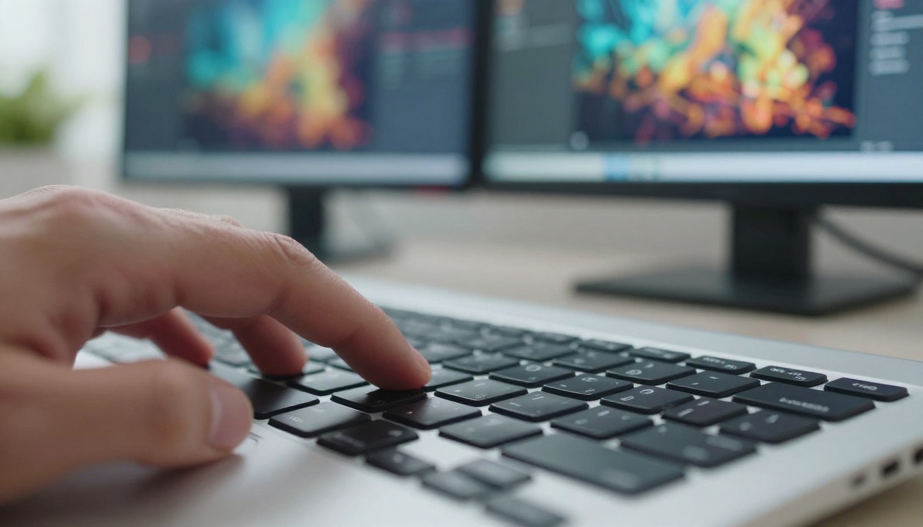 Extreme close-up macro of fingertips hovering over a wireless keyboard, blurred dual monitors showing AI-generated images behind