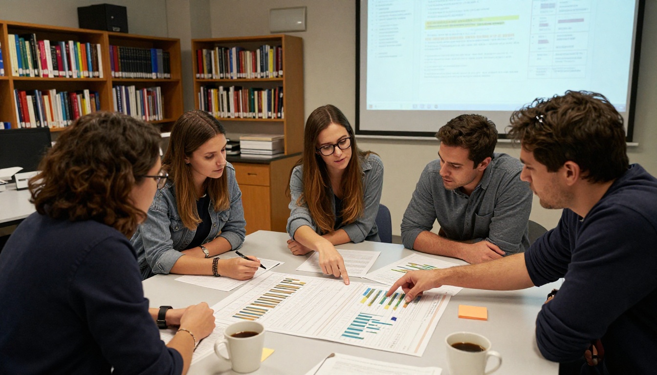 Research team reviewing AI benchmark results and performance charts at a lab table