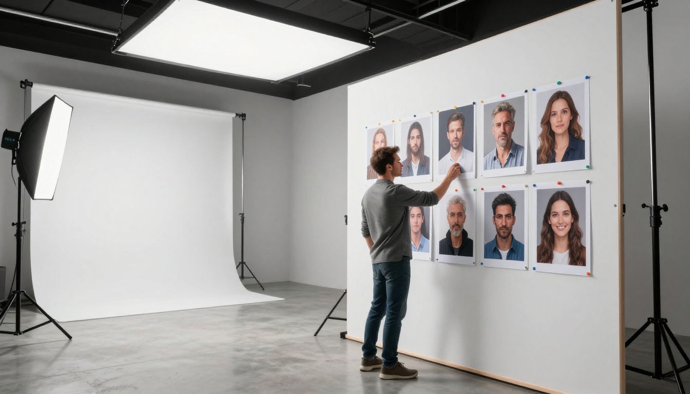 Male creative director in his 40s reviewing photorealistic AI-generated portrait printouts pinned to a light board in a wide photography studio