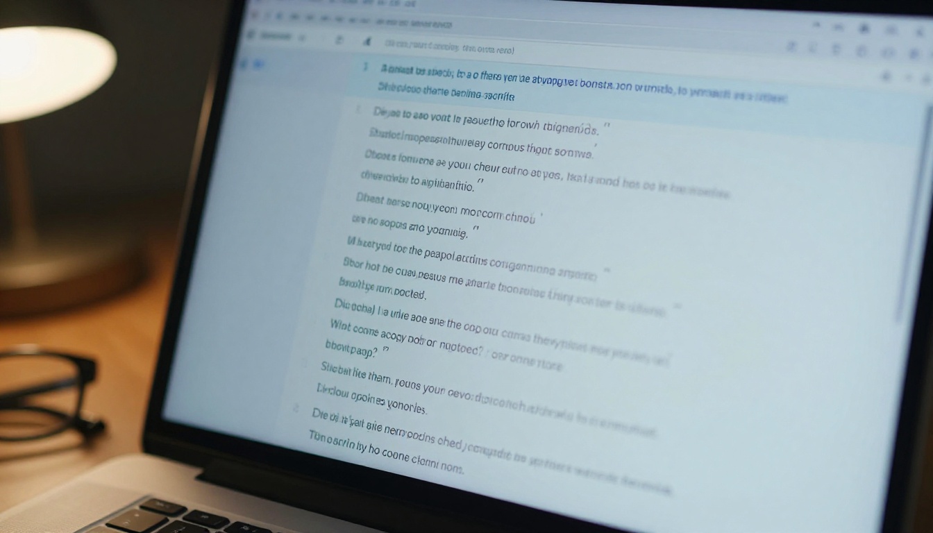 Close-up of AI chat interface showing multi-step reasoning output on a laptop screen in warm evening light