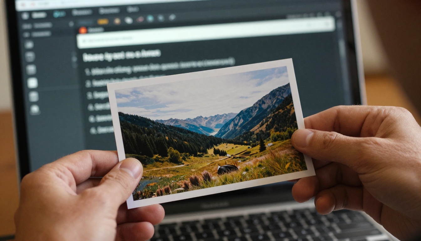 Close-up of a man's hands holding a freshly printed AI-generated landscape photograph, slightly bent corners, blurred laptop interface behind