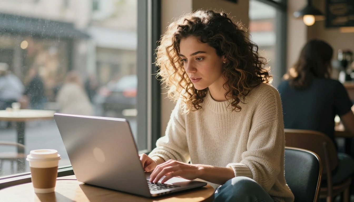 Young woman using AI on a laptop in a sunlit cafe window, engaged and thoughtful expression
