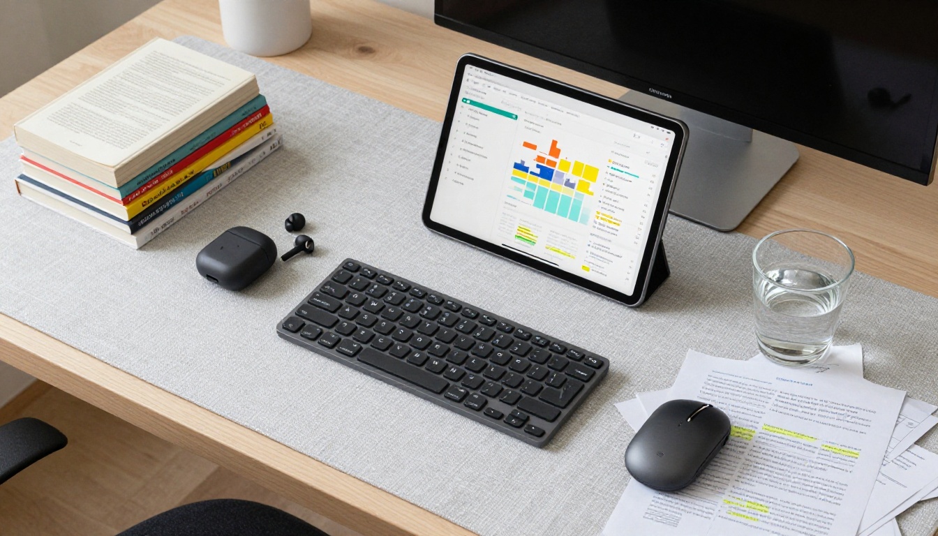 Overhead flat lay of modern AI research workspace with tablet, keyboard, books, and printed notes