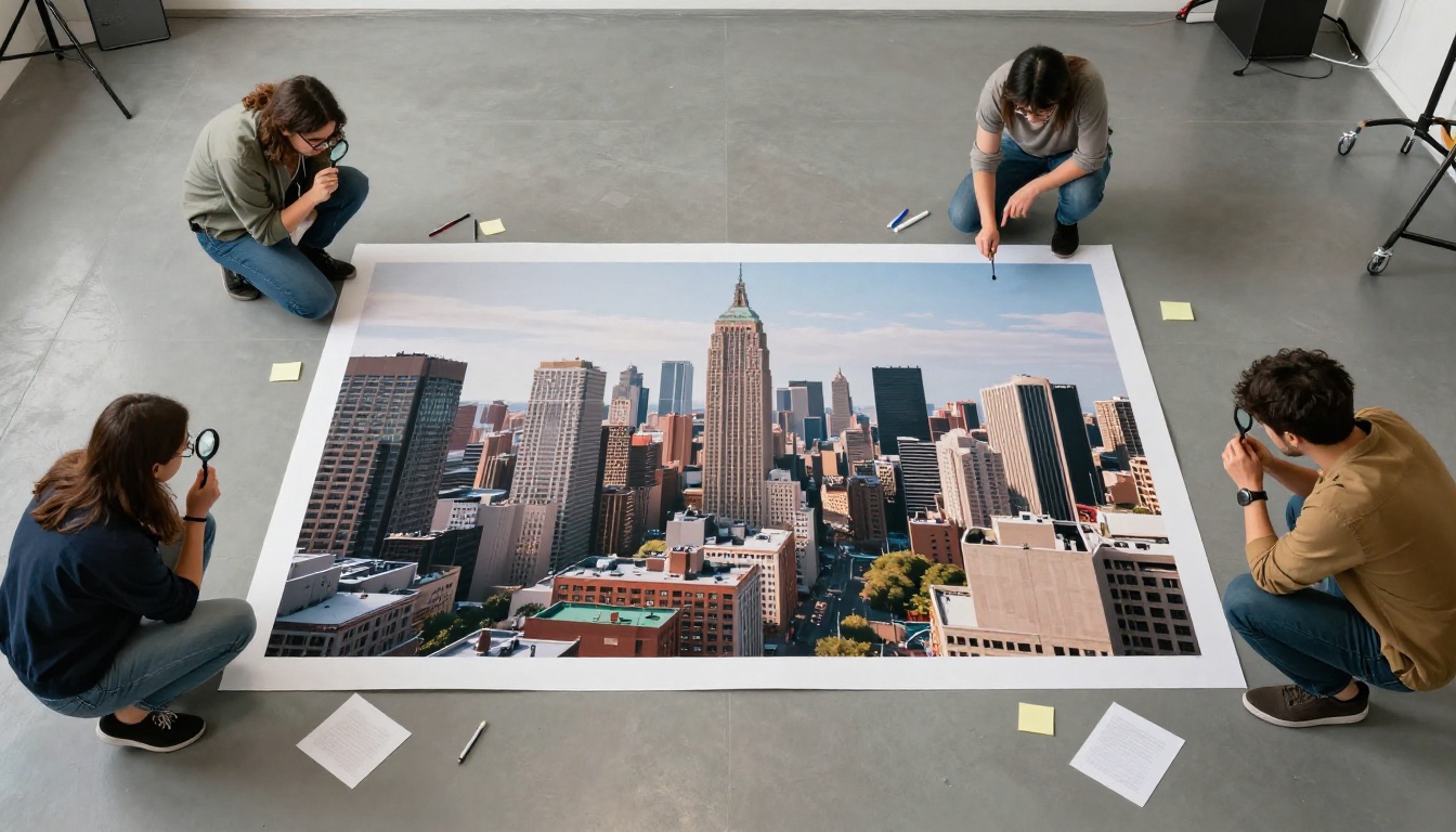 Bird's-eye view of a creative team of four surrounding an enormous photorealistic AI-generated cityscape print flat on a studio floor, holding loupes and sticky notes