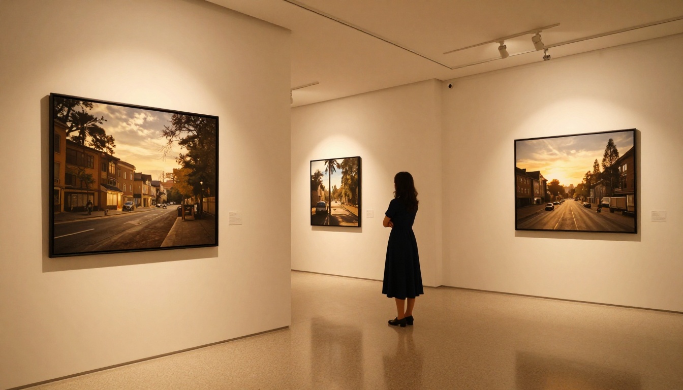 Sleek contemporary art gallery at dusk with three large photorealistic AI-generated framed prints on white walls, lone female visitor in dark blue dress studying the central print