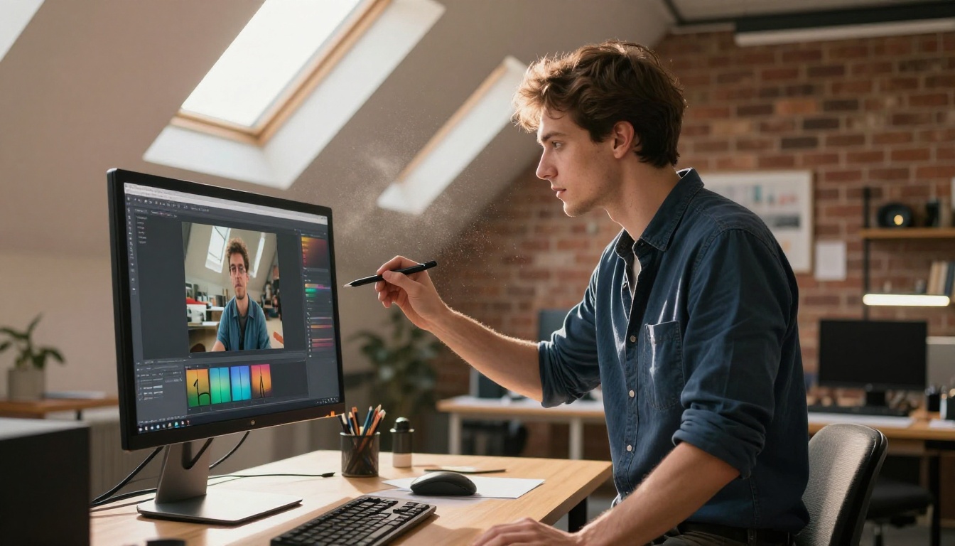 Creative professional reviewing AI-generated video on studio monitor
