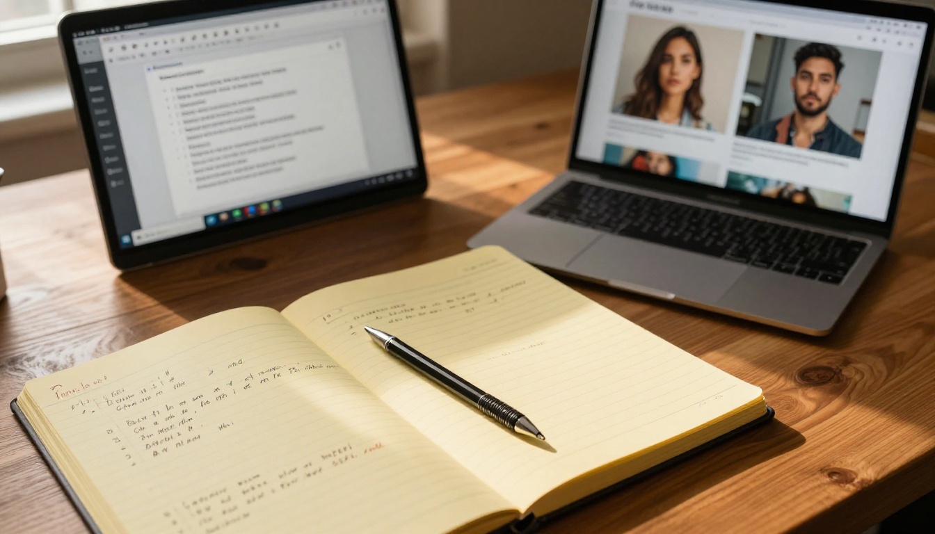 Close-up of a graphic designer's desk with laptop showing AI image generation interface, printed output beside handwritten comparison notes on a yellow legal pad, warm teak wood surface