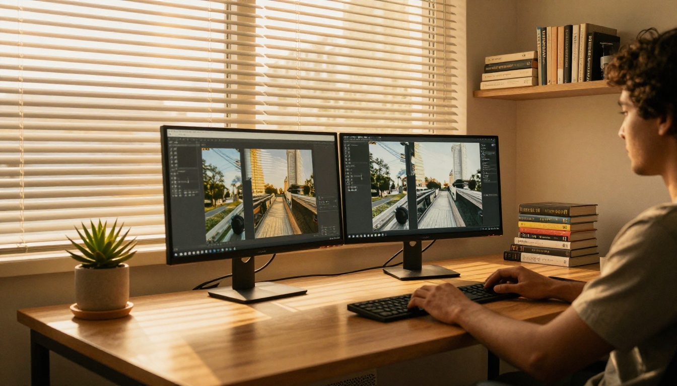 Modern home office at golden hour with warm light through horizontal blinds across an L-shaped desk, dual monitors showing AI image comparisons side by side