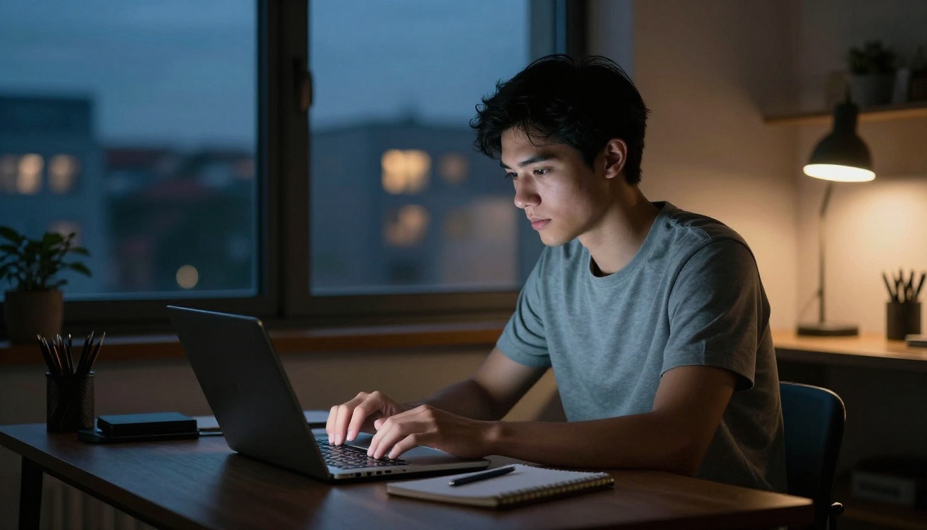 Young man using AI image generator on laptop in dimly lit home workspace