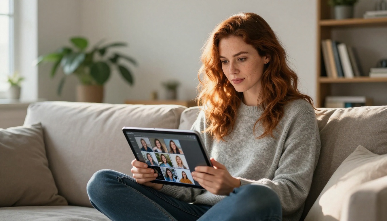 Woman in her 30s sitting cross-legged on a modern couch, holding iPad Pro displaying AI-generated images in a grid, auburn hair, warm natural window light creating rim lighting