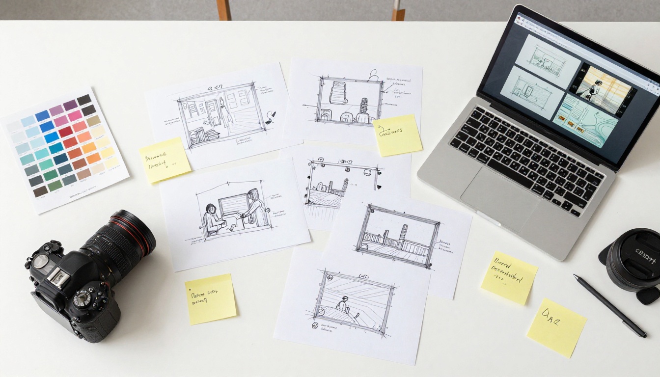 Creative director storyboard flat lay workspace
