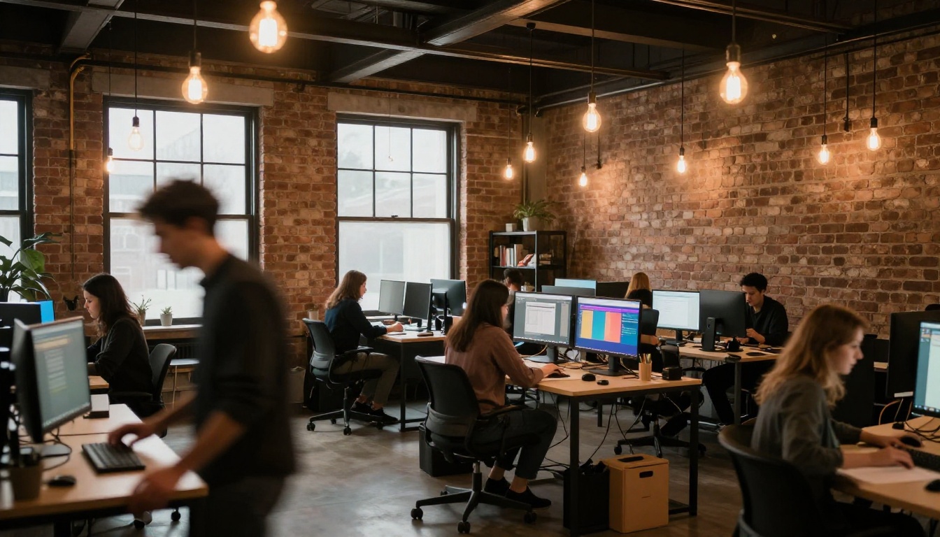 Creative professionals working together in a modern open-plan co-working studio