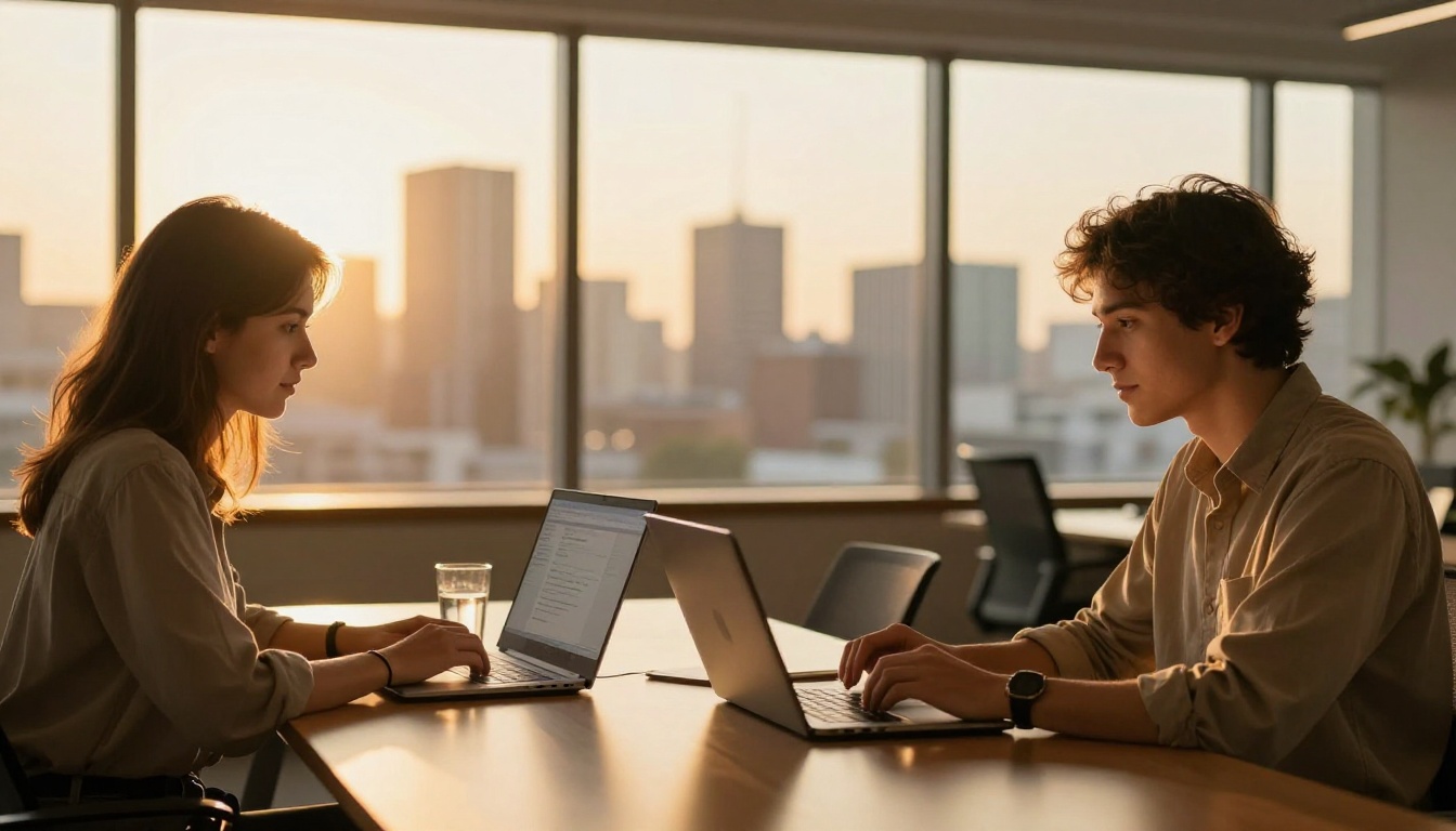 Two creative professionals comparing AI video outputs on laptops