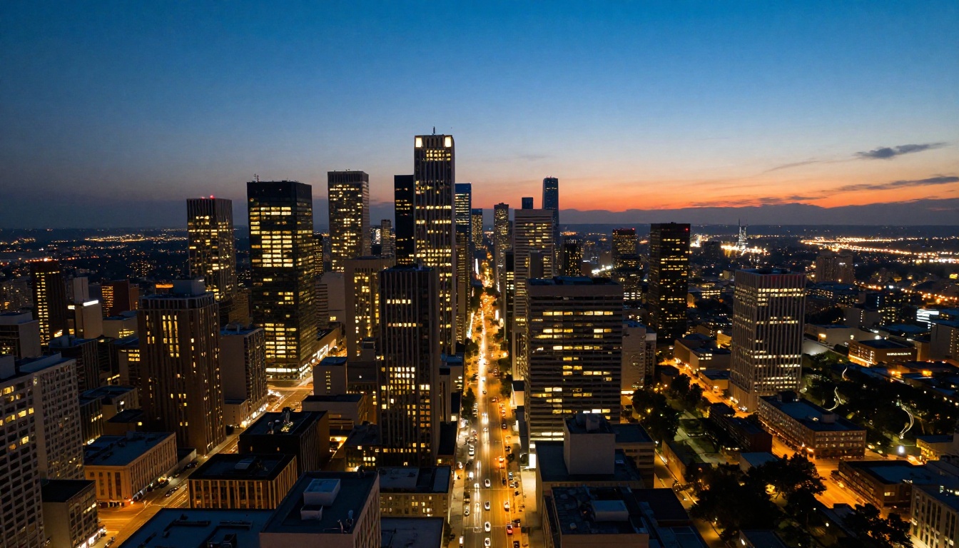 Aerial urban cityscape at dusk showing dense city grid with light trails and blue hour sky