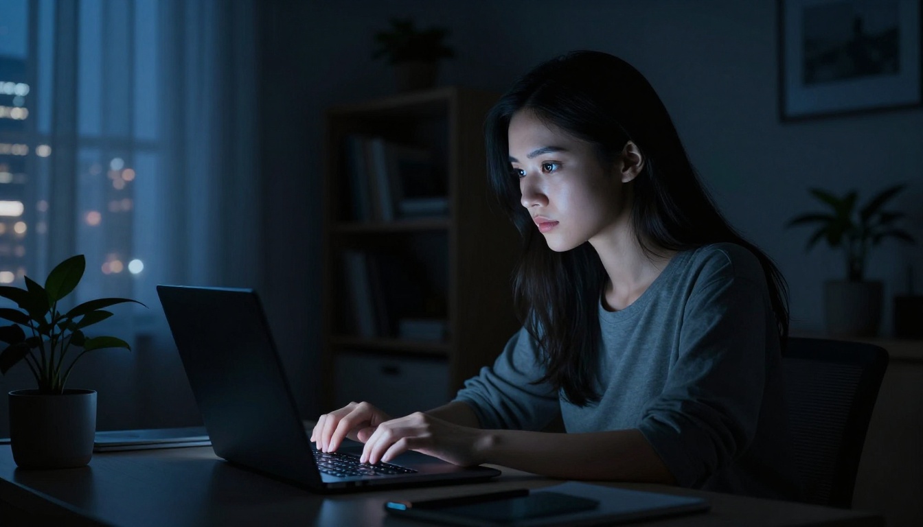 Night home office woman focused on AI video generation results