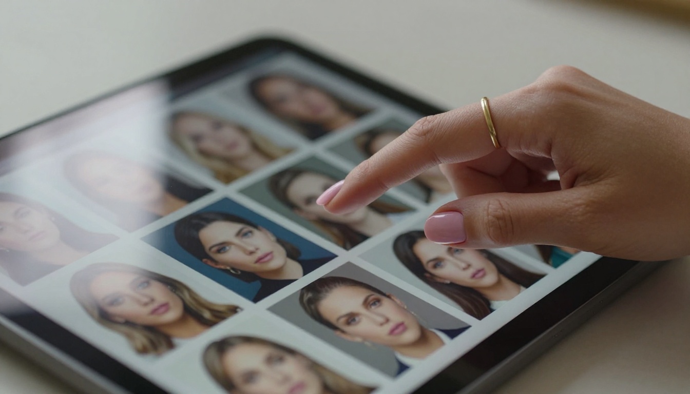 Hand hovering over tablet screen showing a library of AI-generated portrait thumbnails