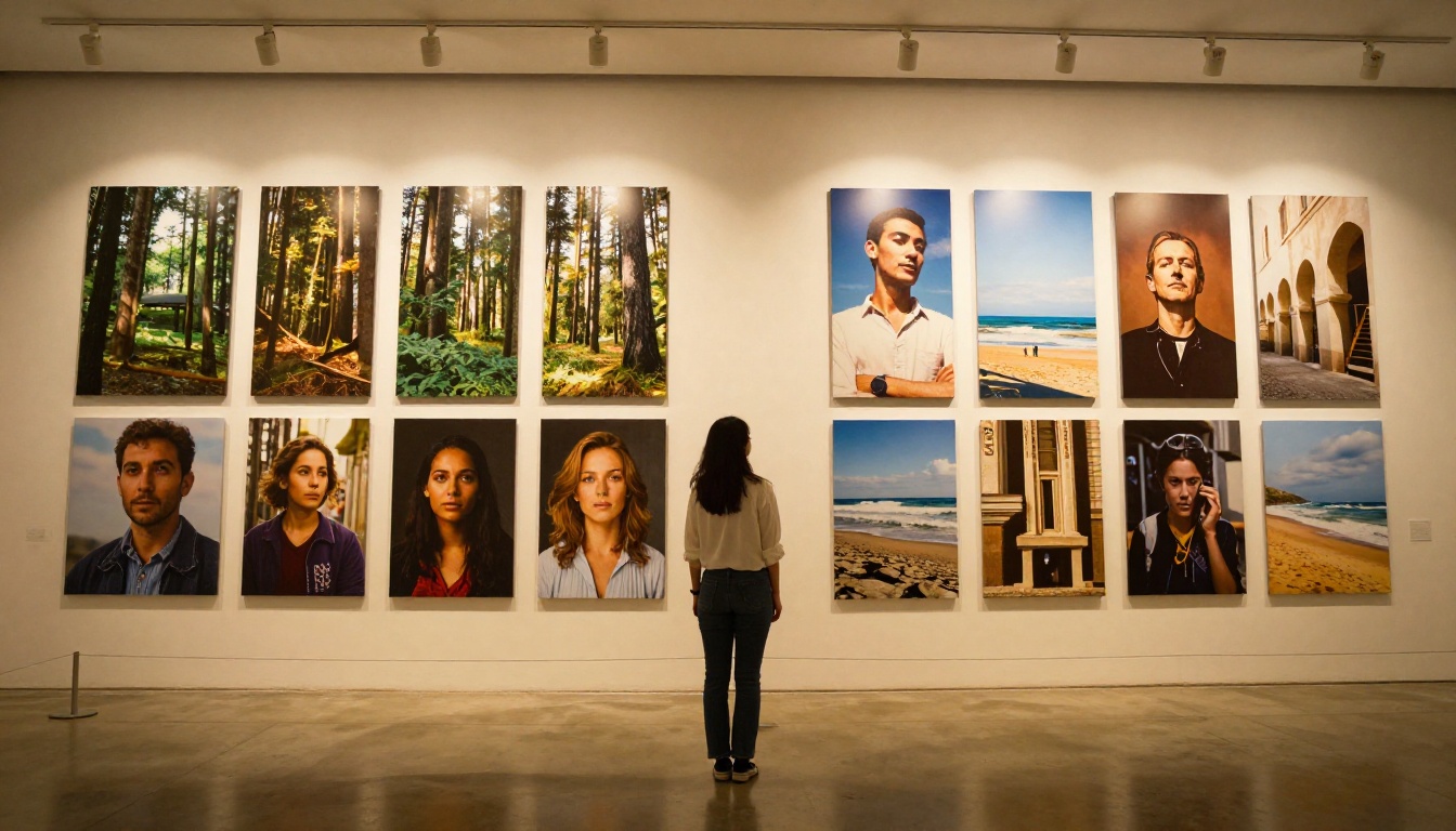 AI-generated artwork displayed as large prints in a contemporary gallery space