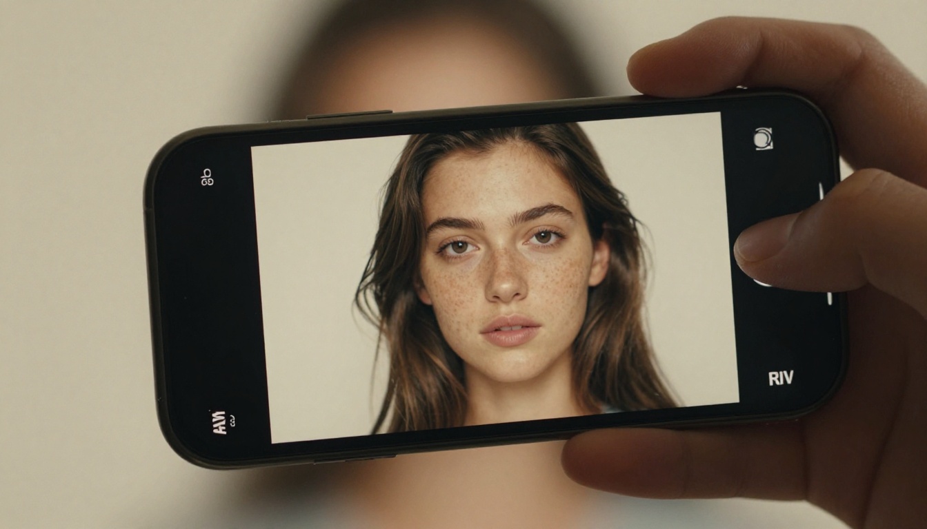Close-up smartphone screen showing photorealistic AI-generated portrait with natural skin texture
