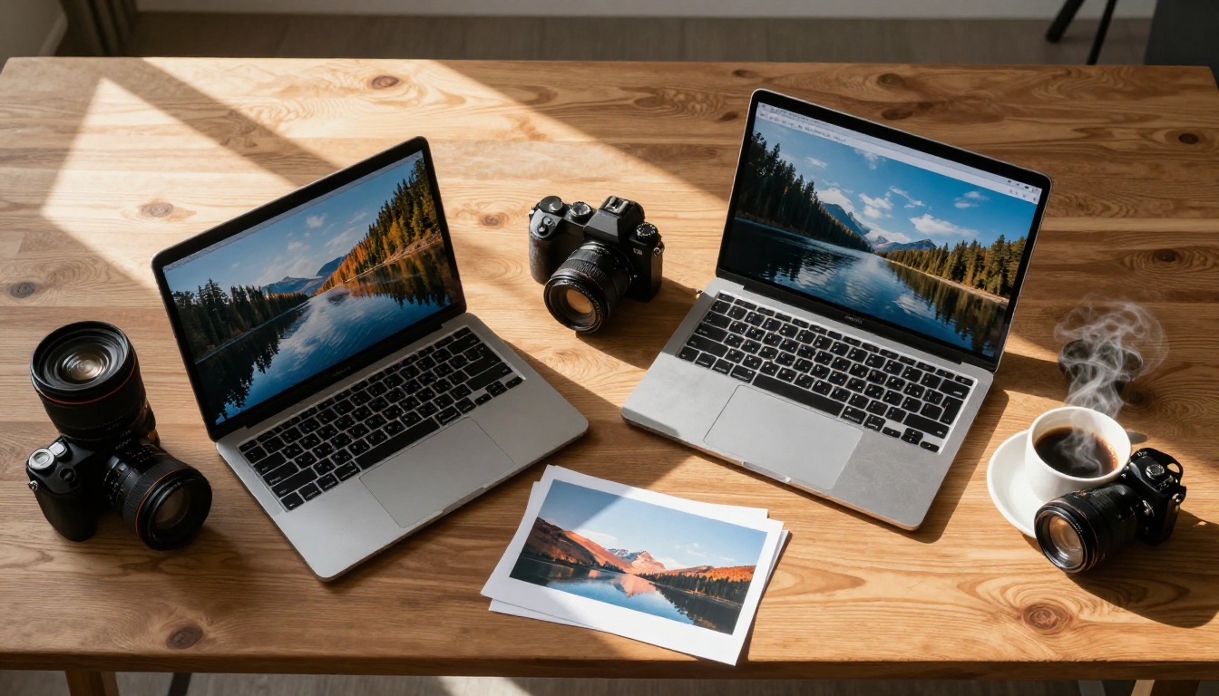 Aerial top-down view of creative workspace with two open laptops showing AI-generated images