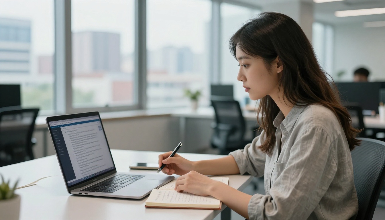 Woman at coworking space studying long AI reasoning output on laptop, notebook with handwritten notes beside her, blurred urban skyline through floor-to-ceiling windows