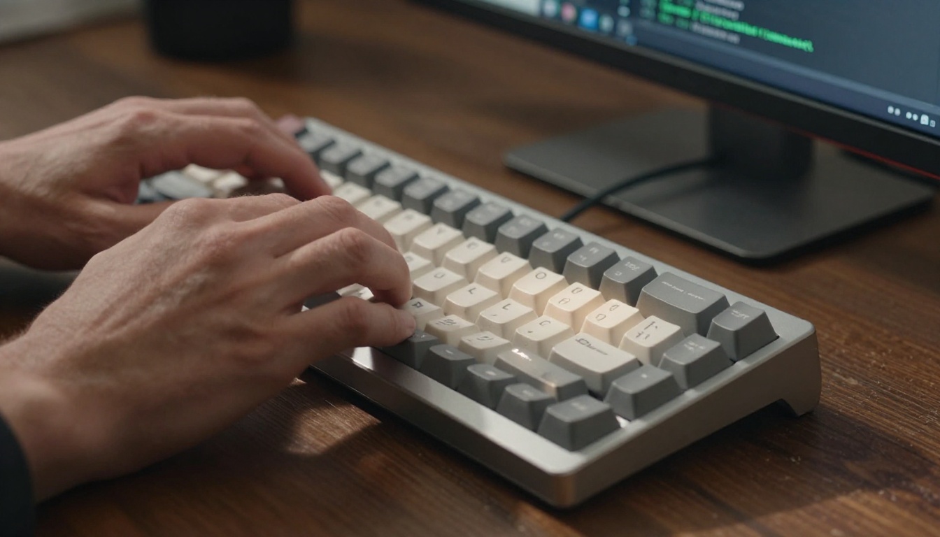 Close-up of hands typing on mechanical keyboard mid-motion with slight blur on fingertips, dark IDE with Python syntax highlighting in soft blurred background