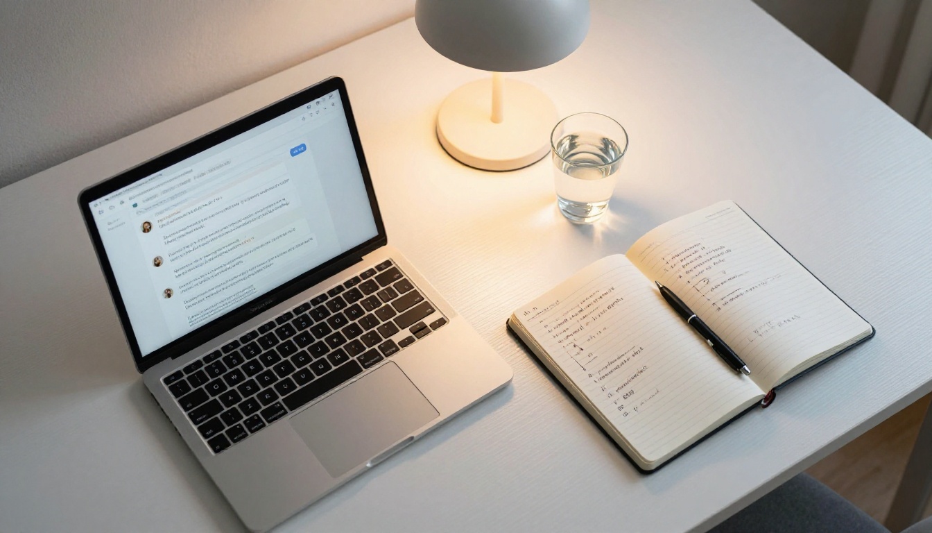 Aerial overhead view of minimalist desk with laptop open to AI chat interface and physical notebook with handwritten tool comparisons beside it, warm pendant lamp illumination