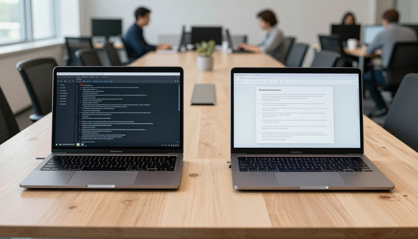Two laptops side by side on conference table, left showing dark-mode AI text output, right showing lighter minimalist chat UI, soft overcast daylight filling modern open-plan office