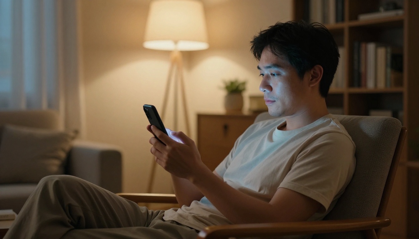 Man reading long AI response on smartphone in softly lit living room at dusk, warm Edison bulb creating amber bokeh pools in blurred background