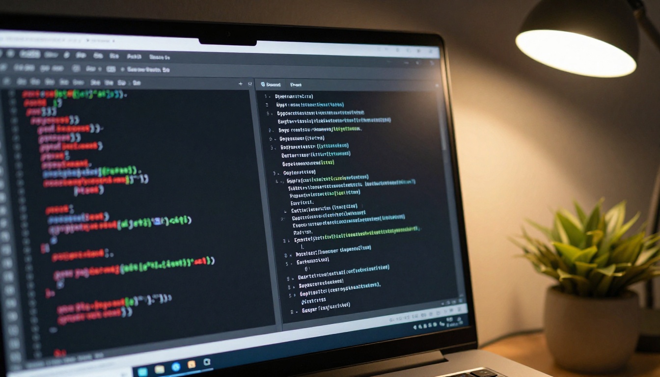 Split-screen code editor showing Python error on left and AI debugging assistant reply on right, warm tungsten desk lamp raking light across matte monitor bezel