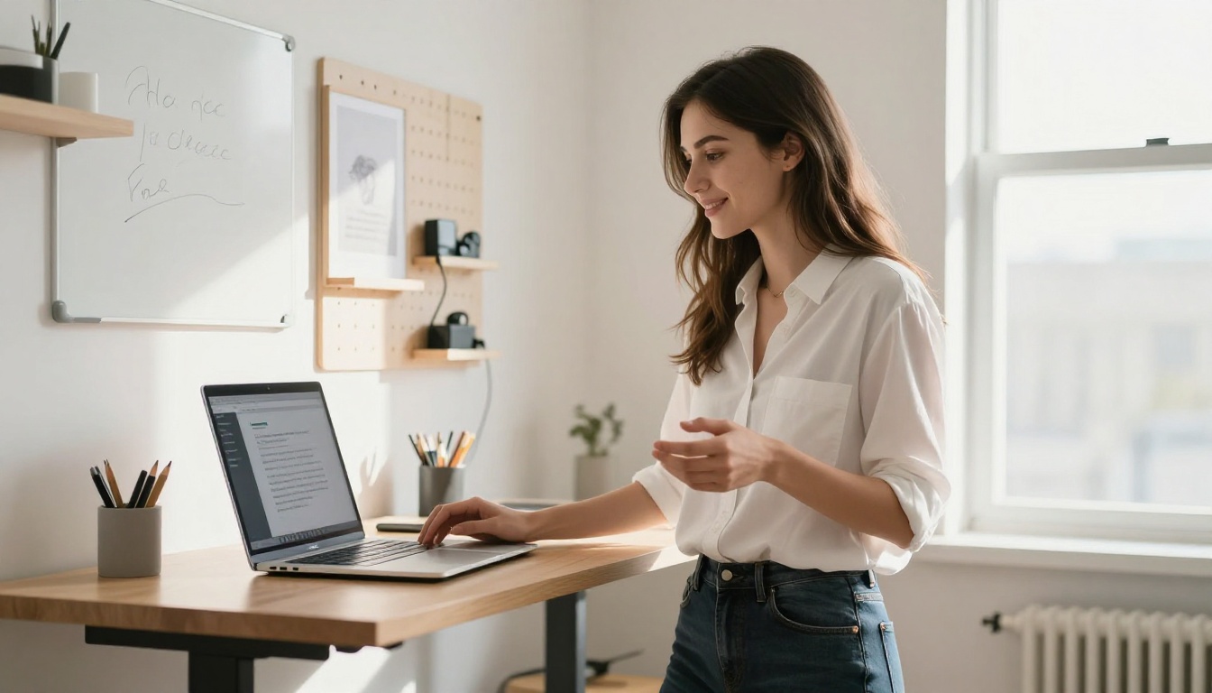 Woman smiling at standing-height laptop in bright home office with pegboard wall organizer and natural morning daylight from large window filling the space