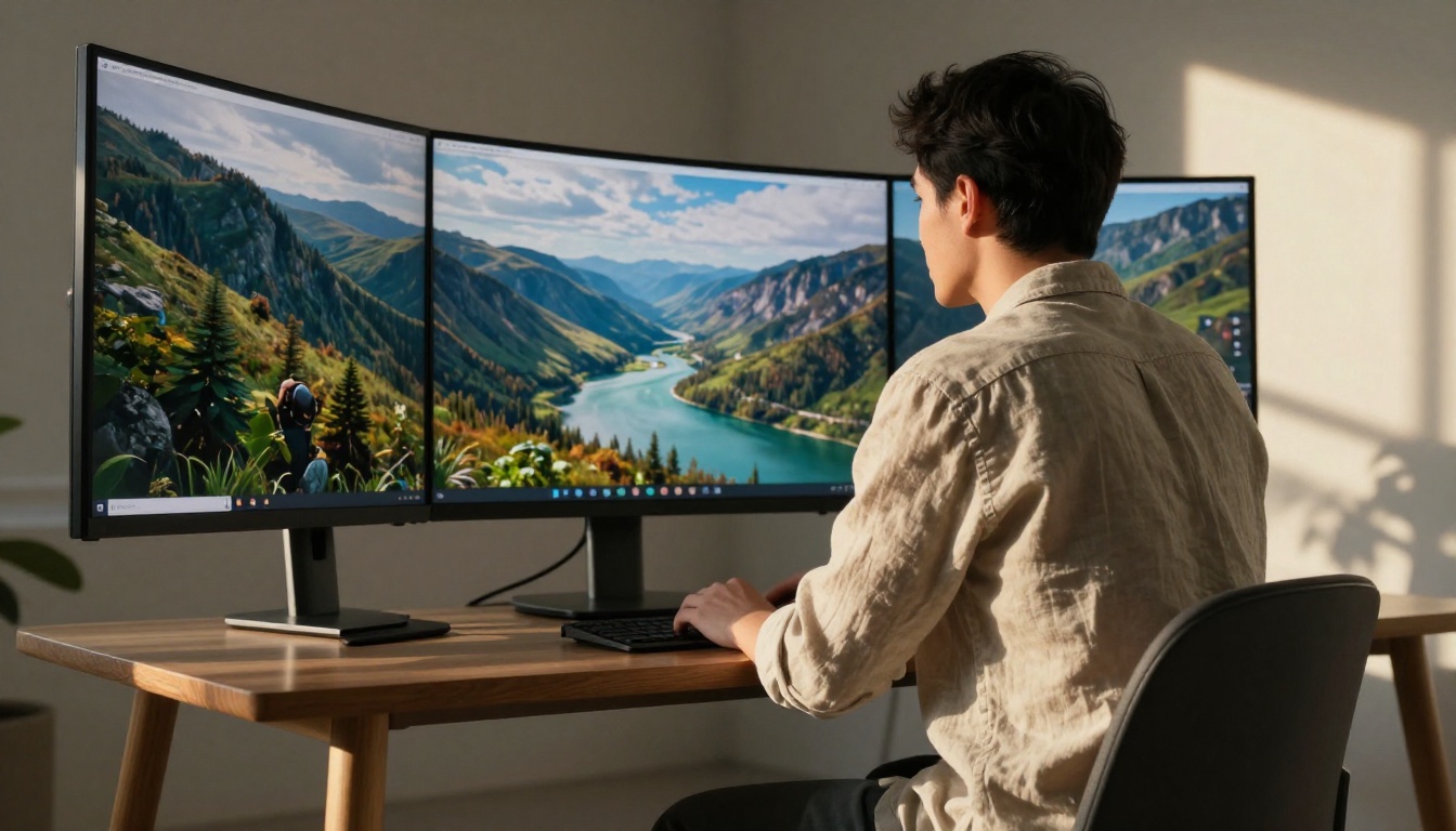 Designer reviewing AI-generated images on dual monitors in a bright sunlit studio