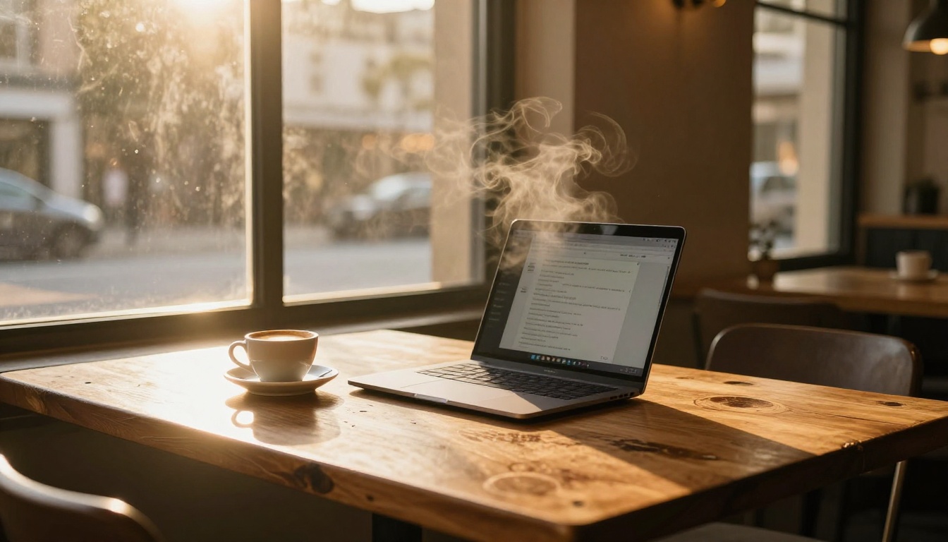 Minimalist café corner table at golden hour with open laptop and flat white coffee on saucer, warm amber sunlight streaming through industrial windows onto weathered wood surface