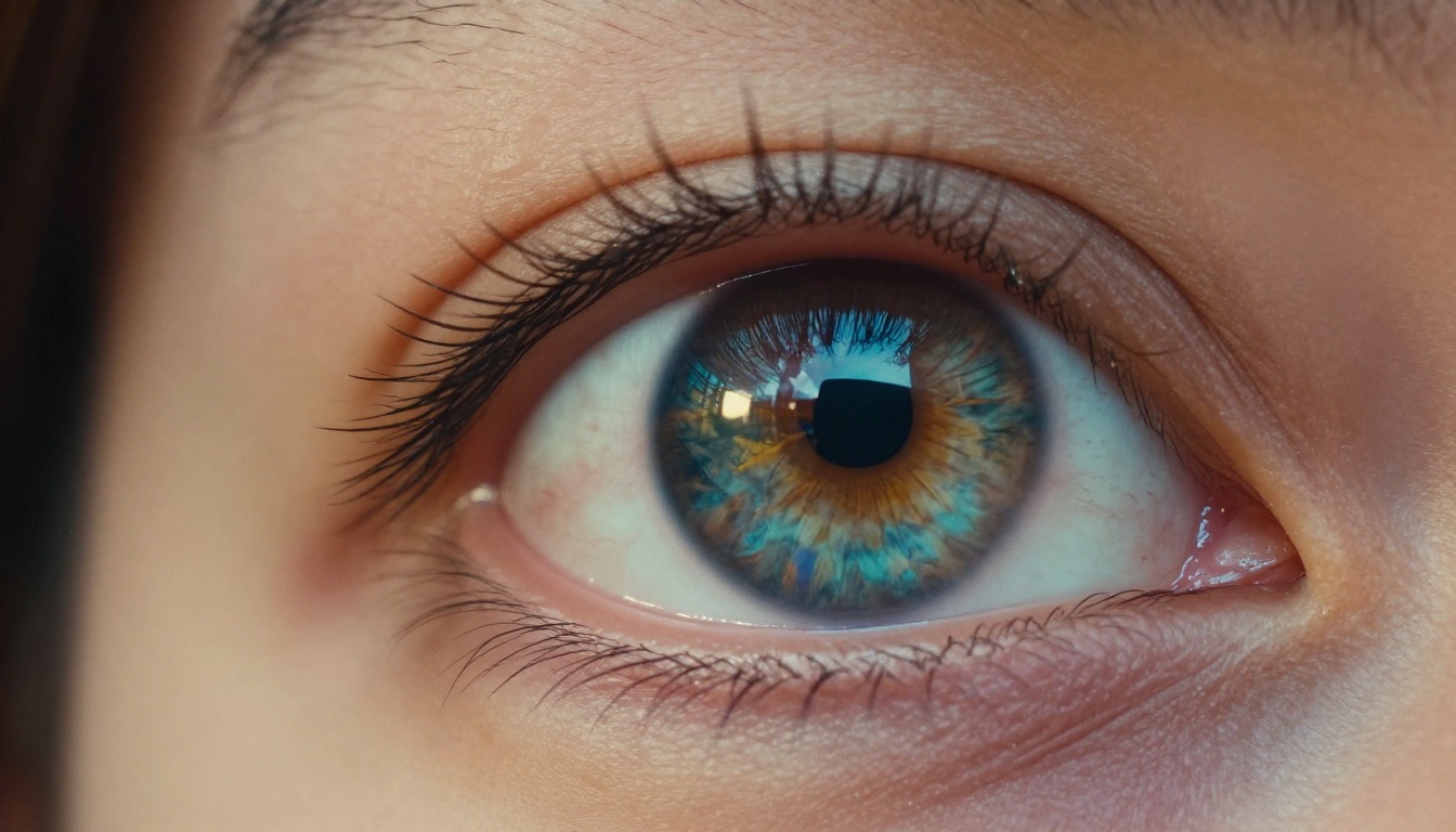 Human eye macro shot reflecting glowing monitor with AI-generated landscape imagery