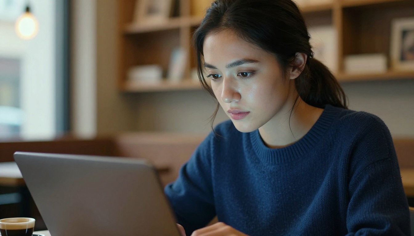 AI user reading text on laptop in warm cafe setting