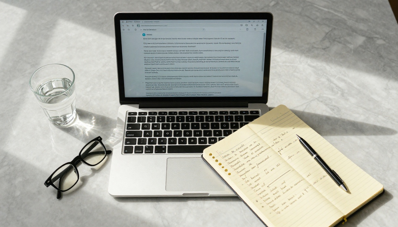 Overhead shot of laptop and notebook on marble desk with AI chat interface