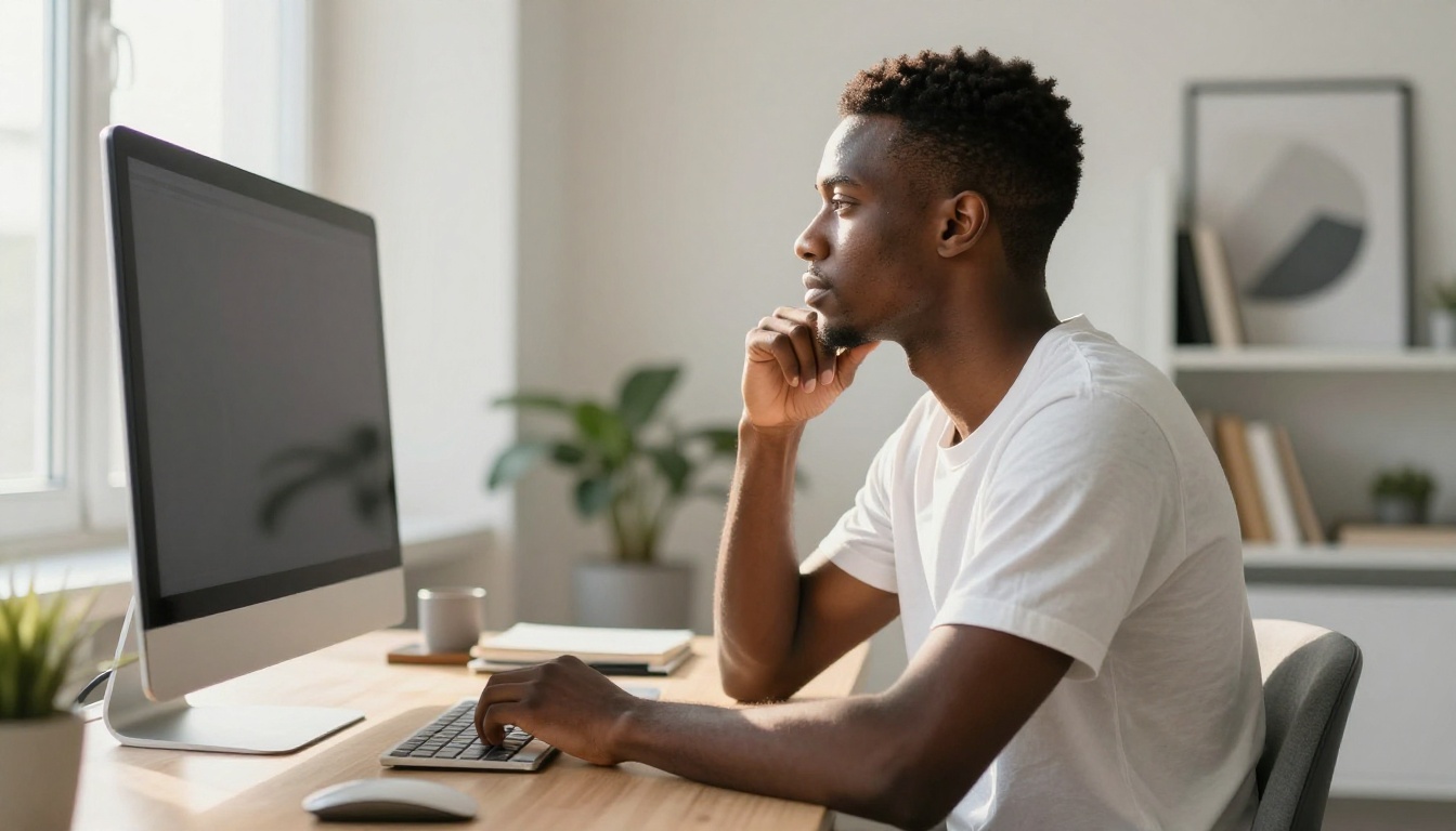 Young developer in profile at standing desk reviewing AI output on vertical monitor