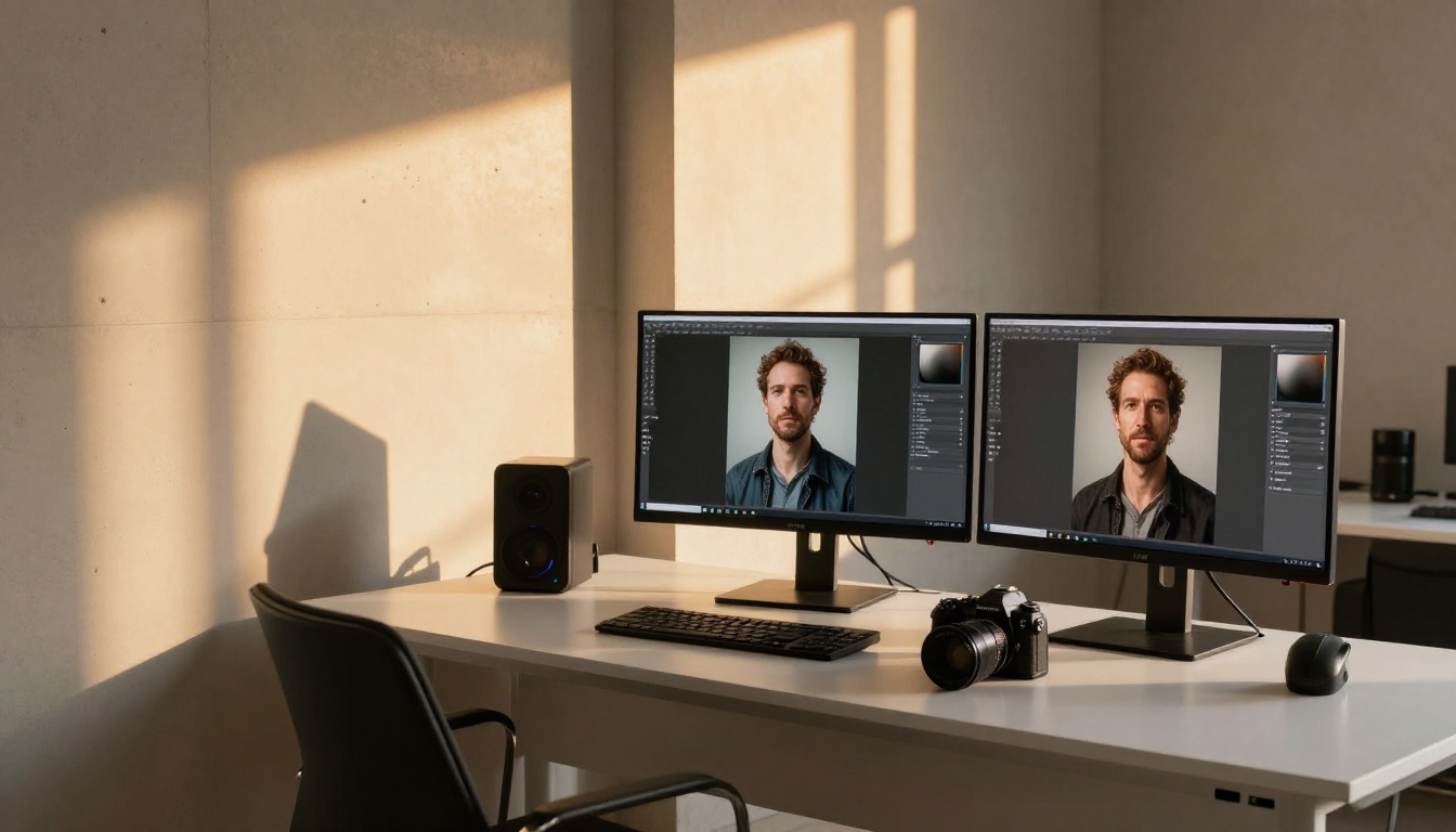 Wide sunlit creative studio with dual monitors displaying photorealistic AI-generated imagery
