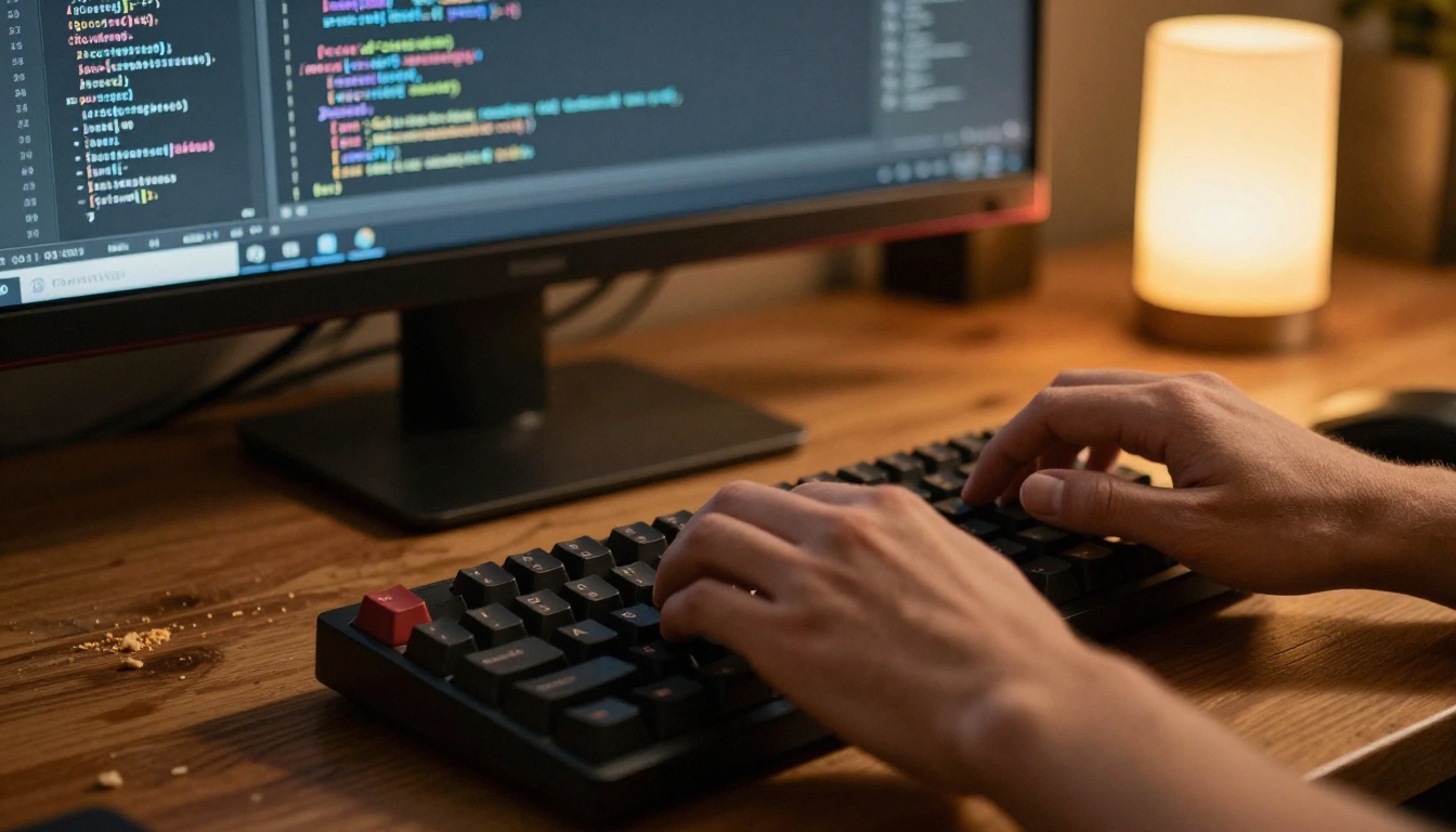 Developer hands typing on mechanical keyboard with code visible on monitor