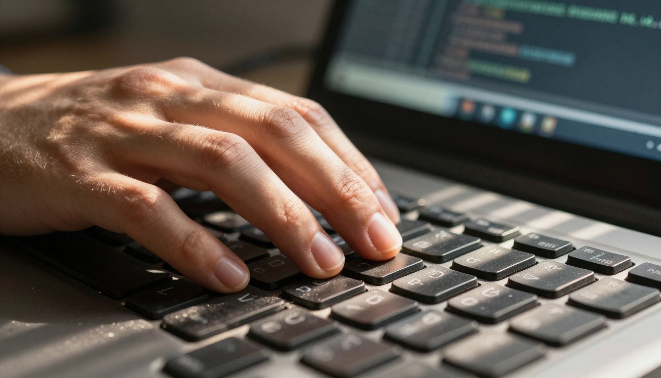 A close-up macro photograph of a hand mid-keystroke on a mechanical keyboard with warm venetian-blind light