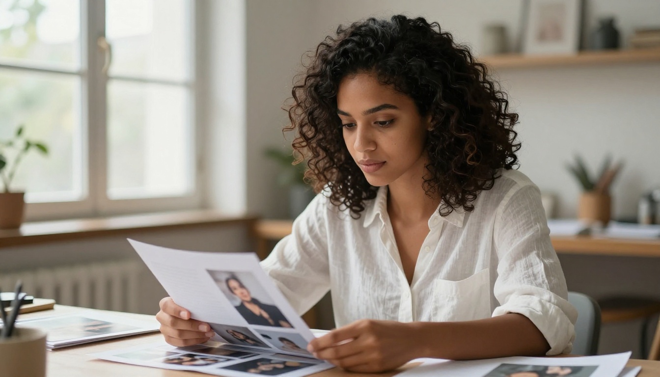 Creative woman reviewing printed photo samples on desk in natural daylight