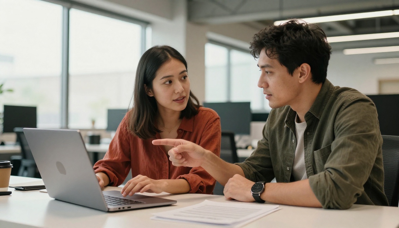 Two colleagues collaborating over a shared laptop screen in a bright modern office